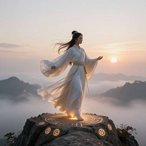 Digital art of a silhouetted woman in a flowing white robe, standing on a glowing mountain peak at sunrise, surrounded by mist.