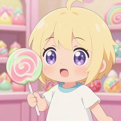 Cute anime-style blonde child with big purple eyes holding a large pink and green swirl lollipop in a colorful candy shop.