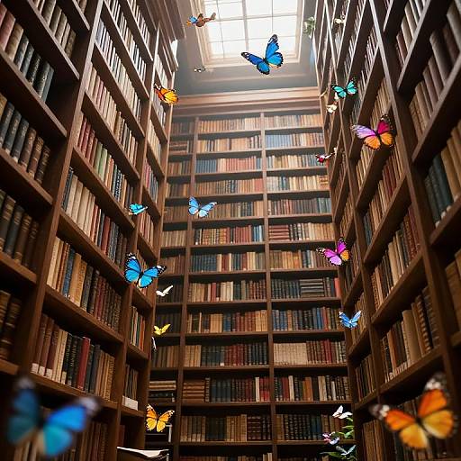 Ethereal Library with Vibrant Butterflies