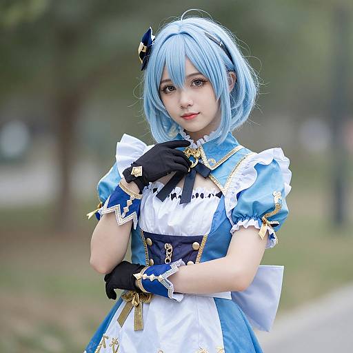 Photograph of a young Asian woman with blue bob hair, cosplay outfit featuring blue and white dress, black gloves, and black bow, standing outdoors with
