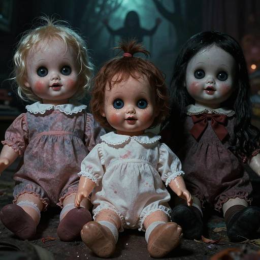 Photograph of three vintage porcelain dolls with large blue eyes, wearing old-fashioned dresses; one blonde, one brown-haired, one black-haired, sitting in