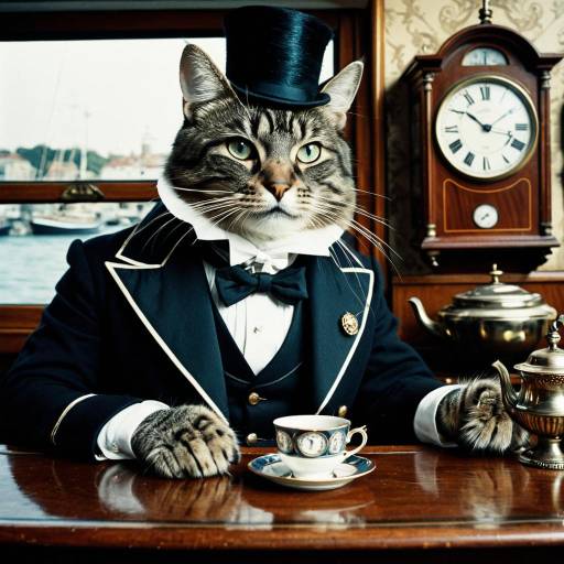 Cat in Tailcoat with Teacup on Boat