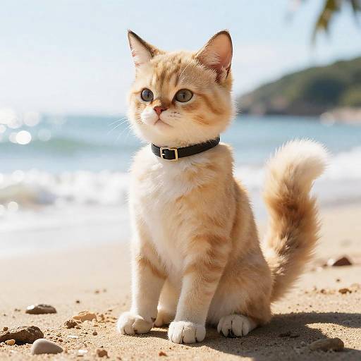 Cute Ginger Cat Sitting on Beach
