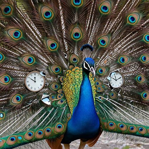 Photograph of a vibrant peacock with an expanded, iridescent tail featuring colorful eye patterns, flanked by two white clocks, against a dark