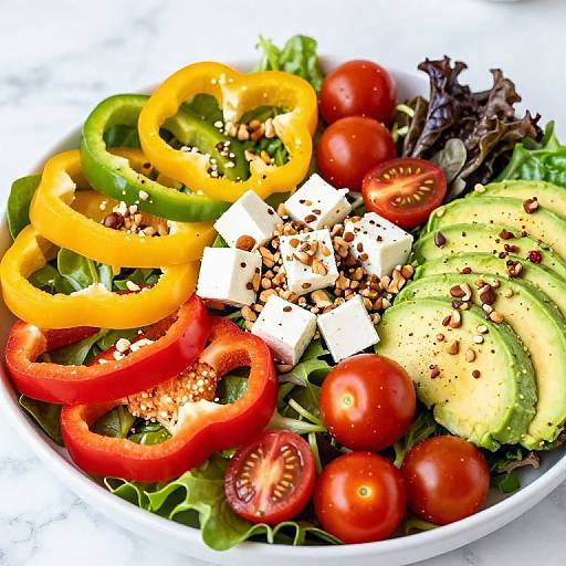 Colorful salad photo: bell peppers, tomatoes, avocado slices, feta cheese, leafy greens, and sprinkled seeds in a white bowl.