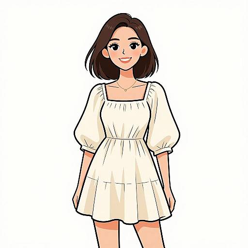 Digital anime-style drawing of a smiling woman with shoulder-length brown hair, wearing a white, puffy-sleeved, square-neck dress, against a