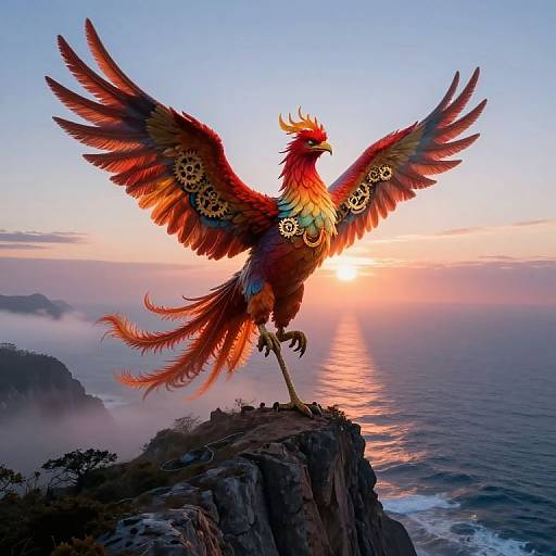Digital artwork of a vibrant, red-feathered phoenix with gold-crowned wings, standing on a rocky cliff at sunset, overlooking a misty ocean
