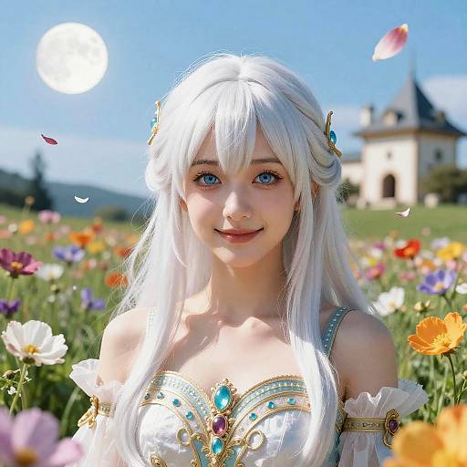 Moonlit White-Haired Maiden in Meadow