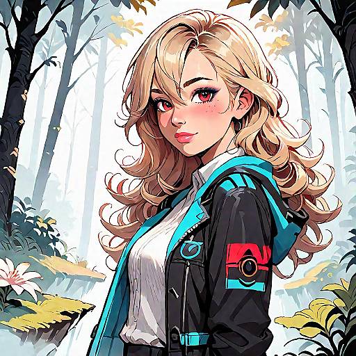 Anime Blonde Girl with Red Eyes in Forest