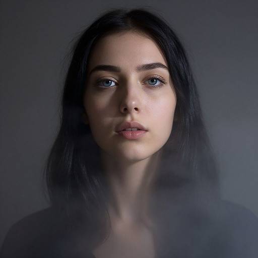 Photograph of a young woman with fair skin, dark blue eyes, and long black hair, softly illuminated against a dark, misty background. Eth
