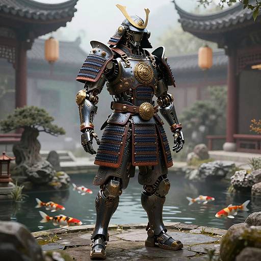 Clockwork Samurai in Neon Koi Courtyard