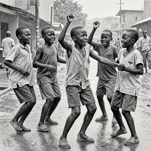 Black-and-white photograph of five smiling, barefoot African boys in casual clothes running and laughing on a wet, rainy street.