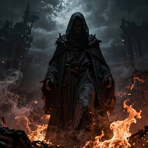 Digital artwork of a hooded, shadowy figure standing amidst fiery chaos, with dark, stormy clouds in the background. Flames and smoke surround the