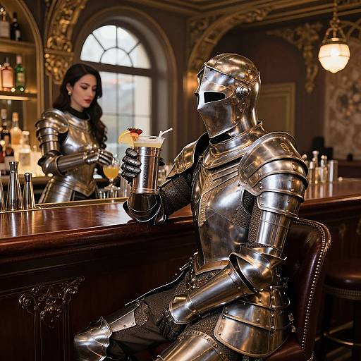 Photograph of a knight in shiny, reflective medieval armor sitting at a bar, sipping a cocktail with a cherry garnish, while a woman in