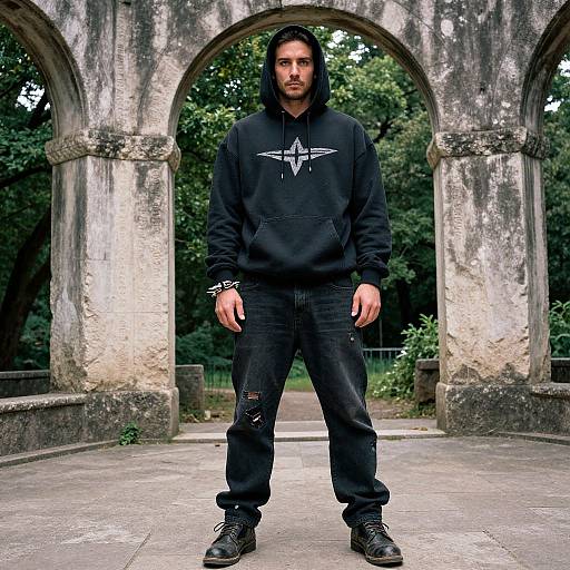 Photograph of a serious, bearded man in a black hoodie and ripped jeans, standing in a weathered stone archway with lush greenery in