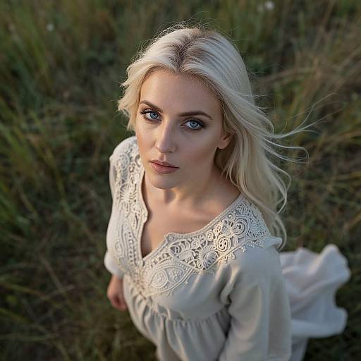 Photograph of a blonde woman with blue eyes, wearing an intricate white lace blouse, standing in a grassy field, looking up at the camera.