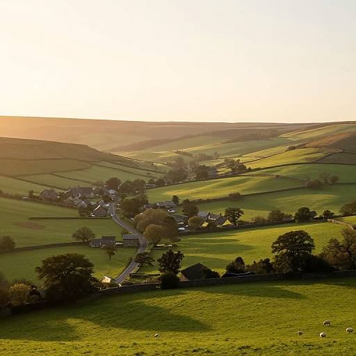 Photograph of a sunlit, rolling English countryside with green fields, scattered trees, a small village with houses, and a winding road.