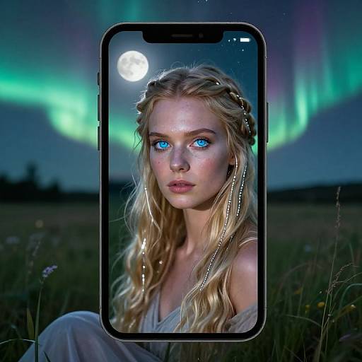 Photograph of a blonde woman with blue eyes, braided hair, and glowing skin, displayed on a smartphone screen against a northern lights background with a