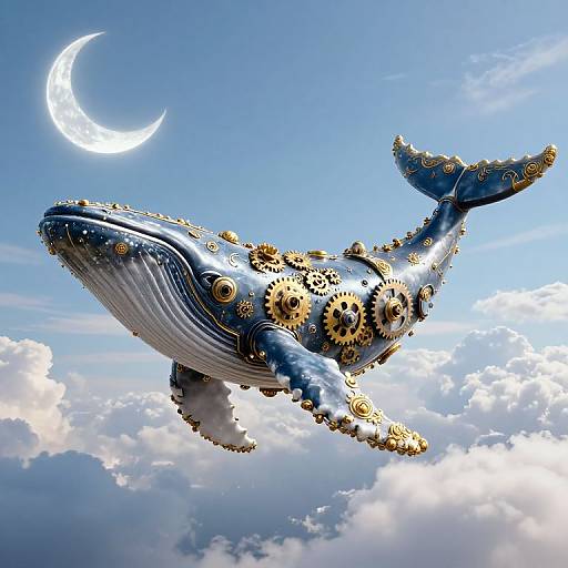 Fantastical blue and gold mechanical whale with gears flying through a bright blue sky with a crescent moon and fluffy clouds.