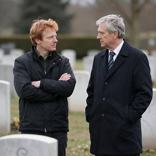 Two Men Standing Among White Headstones