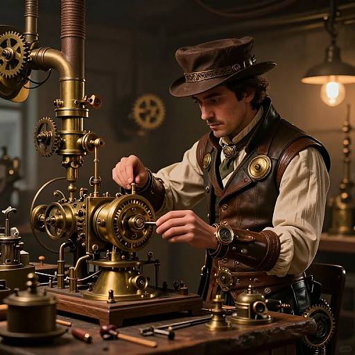 Photograph of a young man in steampunk attire, adjusting intricate brass machinery with gears, in a dimly lit workshop.