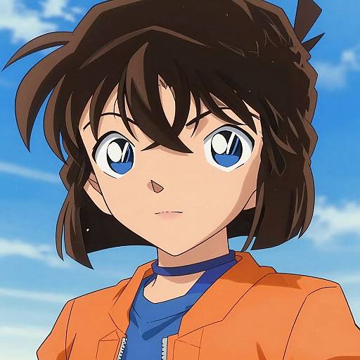 Digital anime-style drawing of a young girl with large blue eyes, brown messy hair, wearing an orange jacket and blue shirt, against a bright blue sky