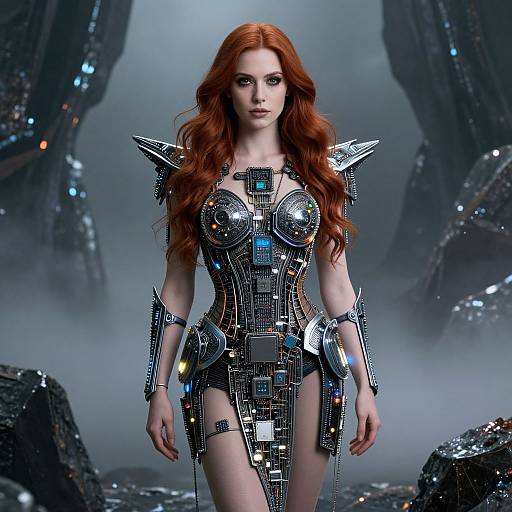 Digital artwork of a red-haired woman with long waves, wearing a futuristic metallic armor dress with glowing accents, standing in a misty, rocky sci-fi
