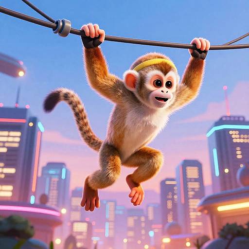 Playful Squirrel Monkey in Futuristic City