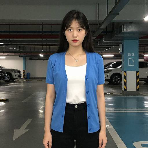 Woman in Blue Short Sleeve Cardigan