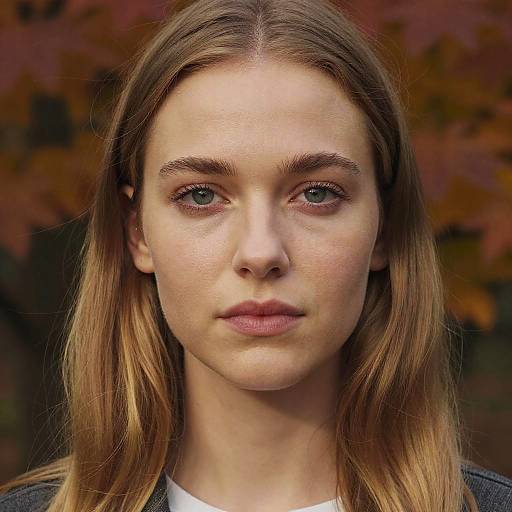Photograph of a young Caucasian woman with fair skin, blue eyes, and straight, light brown hair, standing against a blurred autumn leaf background, wearing