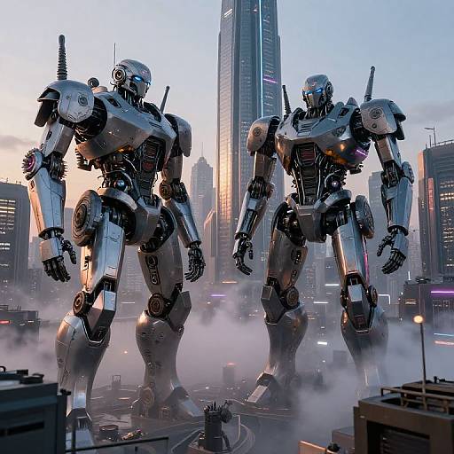 CGI image of two towering, silver robots with glowing blue eyes standing in a futuristic cityscape, surrounded by mist and tall skyscrapers.