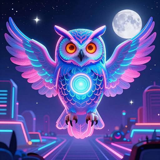 Neon-lit, glowing blue and pink owl with large orange eyes, wings spread, hovering above futuristic cityscape with moon, neon buildings, and