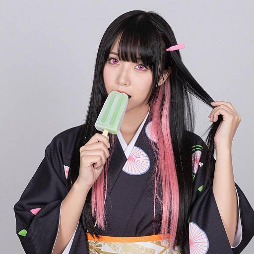 Stylish Asian Woman in Kimono with Popsicle
