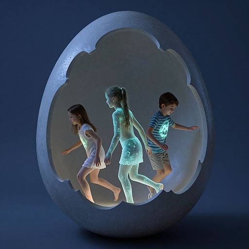 Photograph of three children illuminated from within a glowing, egg-shaped sculpture, with blue and white light, against a dark blue background.