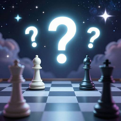 Photograph of a chessboard with white and black pieces under a starry night sky, illuminated by glowing question marks.