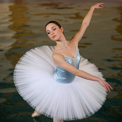 Photograph of a graceful ballerina in a shimmering light blue bodice and a radiant white tutu, poised elegantly with arms extended,