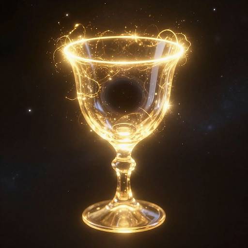 Glowing, illuminated wine goblet with swirling golden light trails against a dark, starry background, creating a magical, ethereal effect.