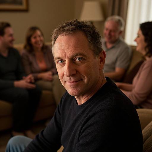 Photograph of middle-aged white man with short brown hair, black shirt, smiling slightly, seated in living room with blurred background of four other casually dressed