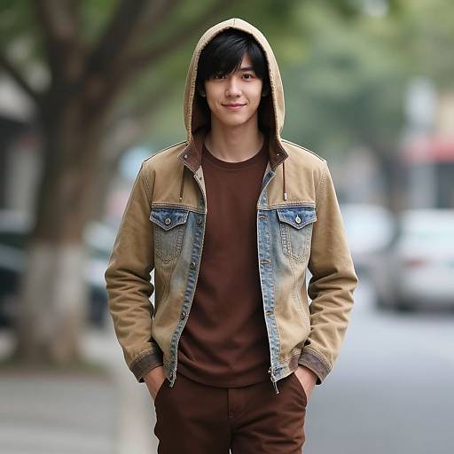 Young Asian man with black hair, wearing a brown hoodie, tan denim jacket, and brown shirt, standing on a blurred street.