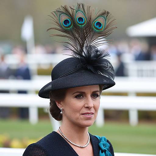 Photograph of a mature woman in a black hat adorned with peacock feathers, black dress, pearl necklace, and earrings, outdoors with white fences and
