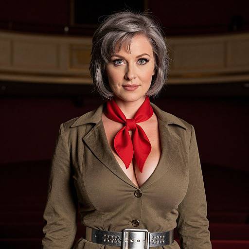Digital image of a middle-aged woman with short gray hair, wearing an olive green button-up shirt with a deep neckline, red scarf, black belt,