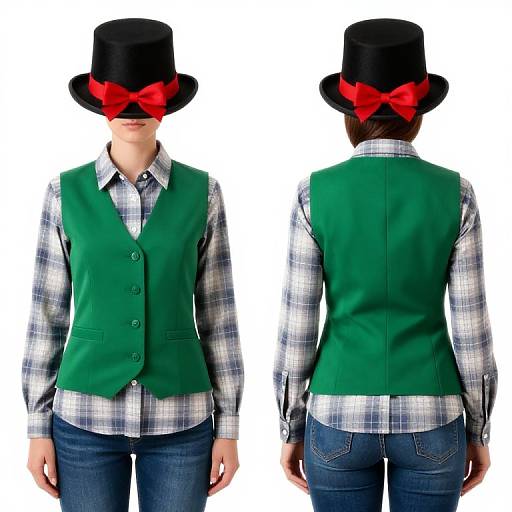 Photograph of a person wearing a black top hat with red bow, green vest, plaid shirt, and blue jeans, shown front and back.