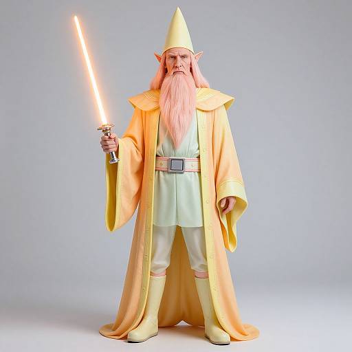 Photograph of a fantasy wizard with pink hair, beard, pointed ears, yellow robe, green tunic, holding glowing lightsaber, standing against gray