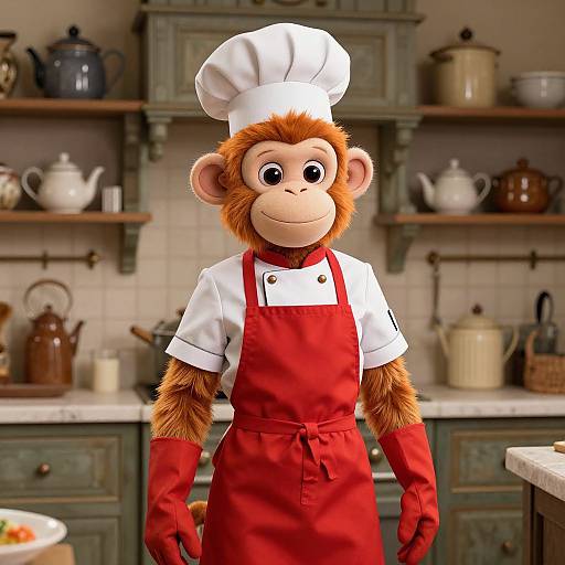 Photograph of a cute, cartoon-style monkey in a white chef hat and red apron, standing in a vintage kitchen with rustic cabinets and kitchenware