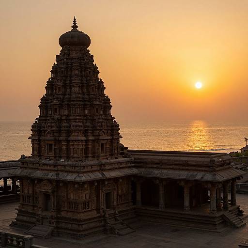 Photograph of a towering, intricately carved temple silhouetted against a vibrant orange sunset over a calm ocean. Sunlight reflects off the water