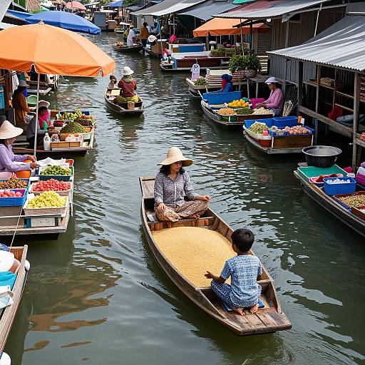 Photograph of a bustling floating market with wooden boats, vendors in conical hats, colorful produce, and orange umbrellas on calm water.