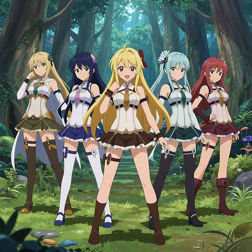 Digital anime artwork of five cute, anime-style girls in forest, wearing white and black fantasy outfits, standing in a line.