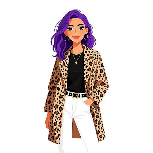 Digital illustration of a confident woman with purple hair, wearing a leopard print coat, black top, white pants, and hoop earrings.