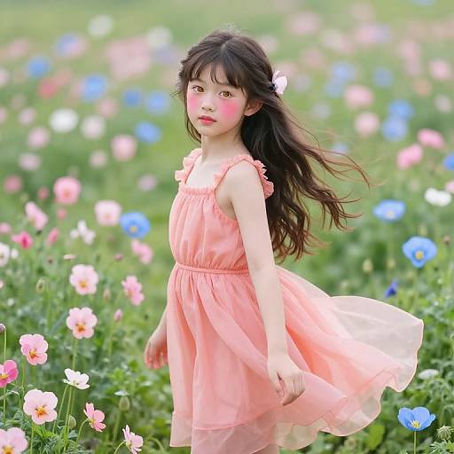Photograph of an Asian girl with long black hair, wearing a pink, sleeveless dress, standing in a field of colorful flowers (pink, white