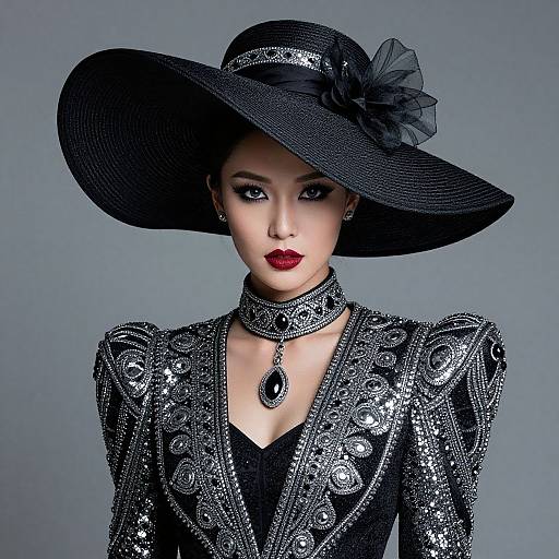 Photograph of an Asian woman with pale skin, red lipstick, wearing a black, sparkling dress, and a wide-brimmed black hat with a